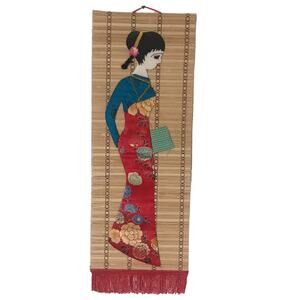 Bamboo Scroll Wall Hanging Asian Chinese 26" Woman Dress Fabric Applique